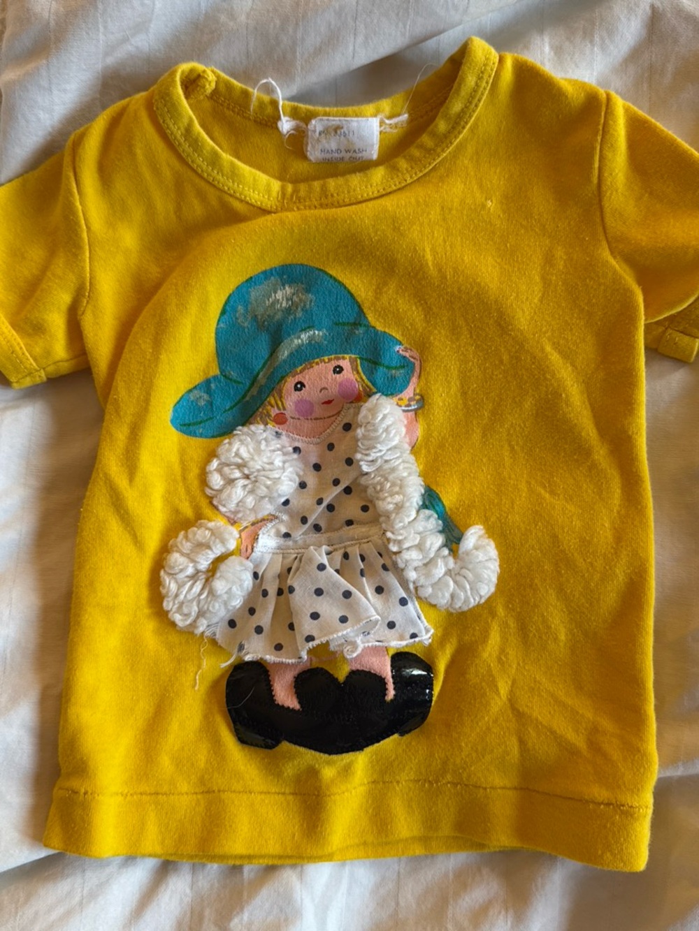Vintage Yellow Short Sleeve Kids Tee with Doll Appliqué